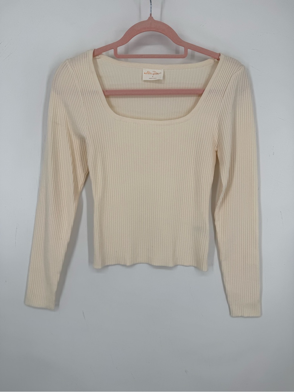 Allie Rose Women's Boutique Cream Ribbed Long Sleeve Square Neck Top Size Small